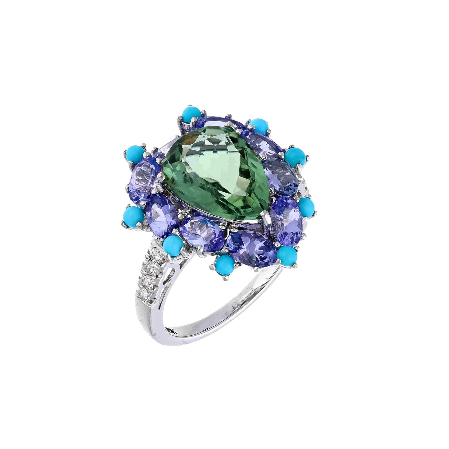 Rare 3.58 Cts Green Pear Tourmaline, Turquoise Tanzanite Diamond Designer Ring, 18k Solid Gold, Natural Gemstone, Wedding Jewelry For Her