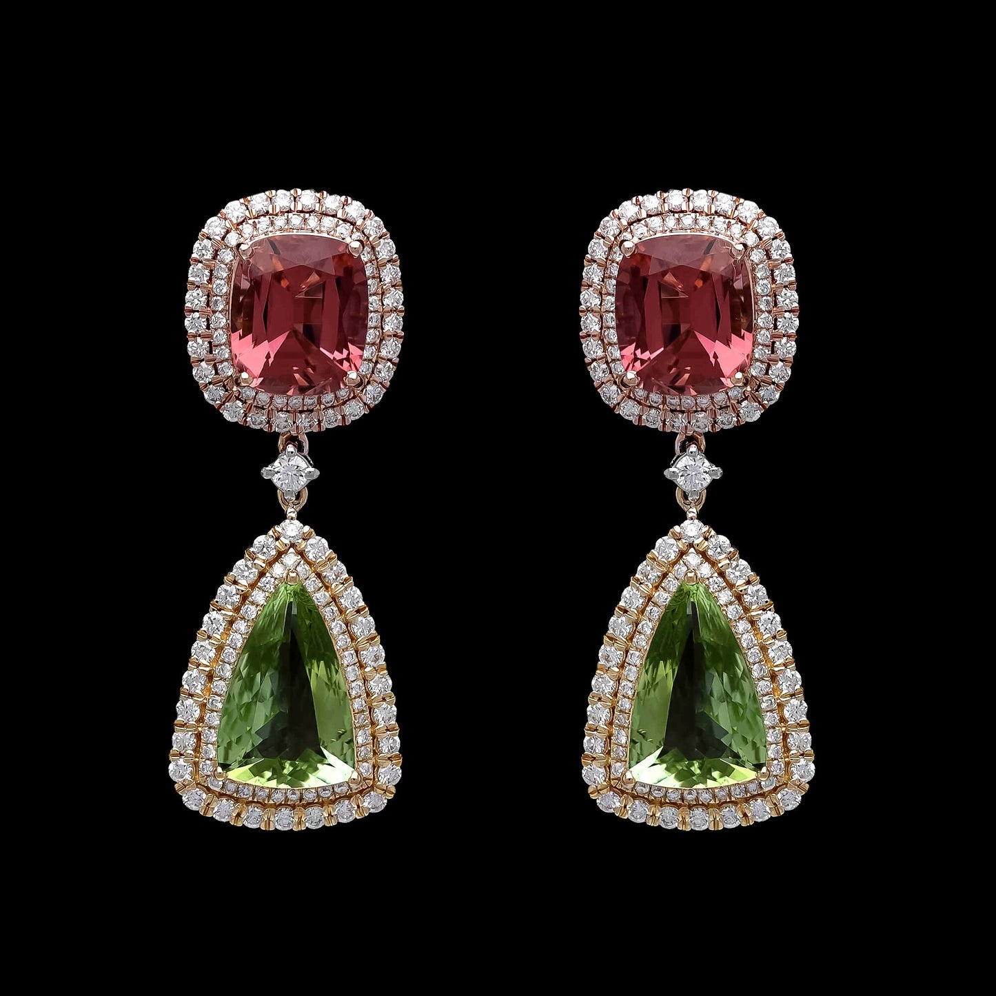 Rare Find Fancy Cut Pink Green Tourmaline Earring 18k Solid Rose Gold, Pave Diamond Earring, Natural Gemstone Bridal Diamond Jewelry For Her