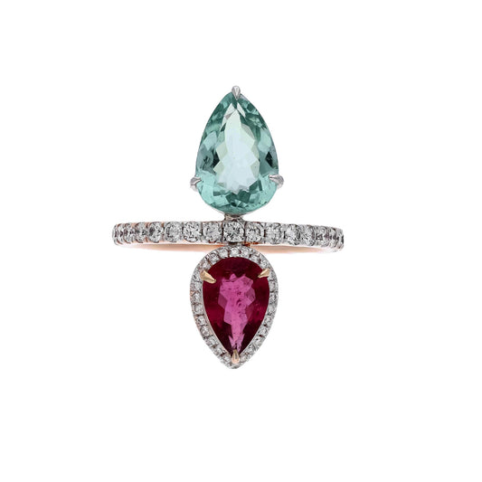 Rare Green Pink Pear Cut Natural Tourmaline Designer Ring / Natural Diamond 18k Solid Gold / Jewelry Gift for Her / Bridal Jewelry Women