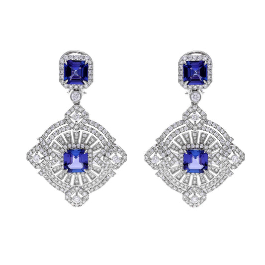 18k White Gold Natural Tanzanite Diamond Earrings, Art Deco Designer Certified Diamond Wedding Earrings, Dangle Stud Earring Gold Jewelry