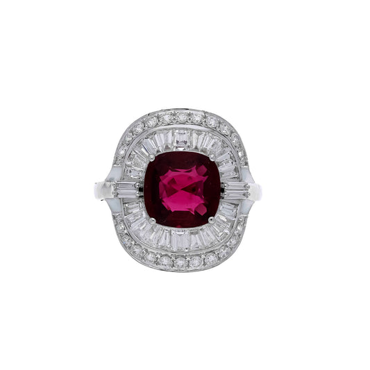 Rare 3.38 Cts Cushion Cut Natural Ruby / Diamond Baguette Designer Ring / 18k White Gold Ruby Ring / Size 7US / Gemstone Jewelry For Her