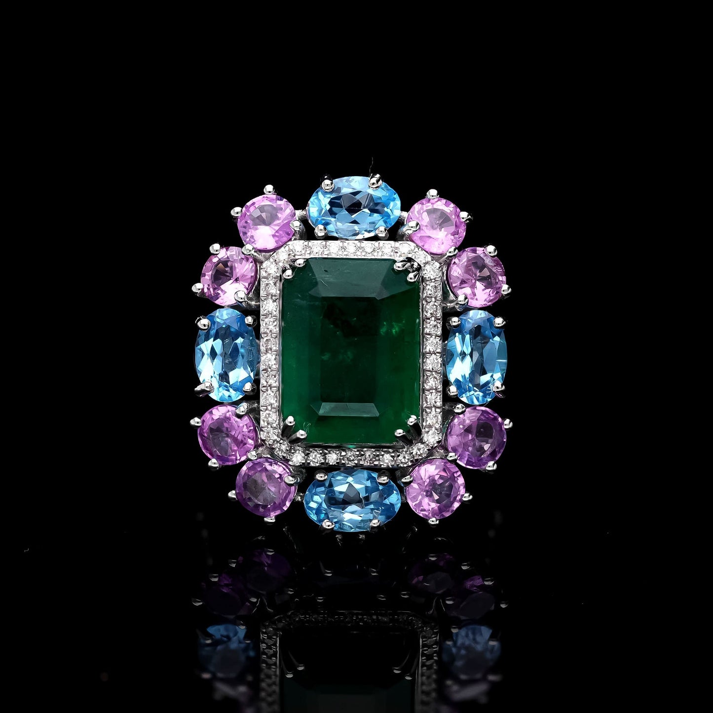 Rare 5 CT's Natural Deep Green Emerald Center with Blue Topaz, Pink Sapphire & Diamond Accents/ 18k White Gold Jewelry/ Wedding Ring For Her