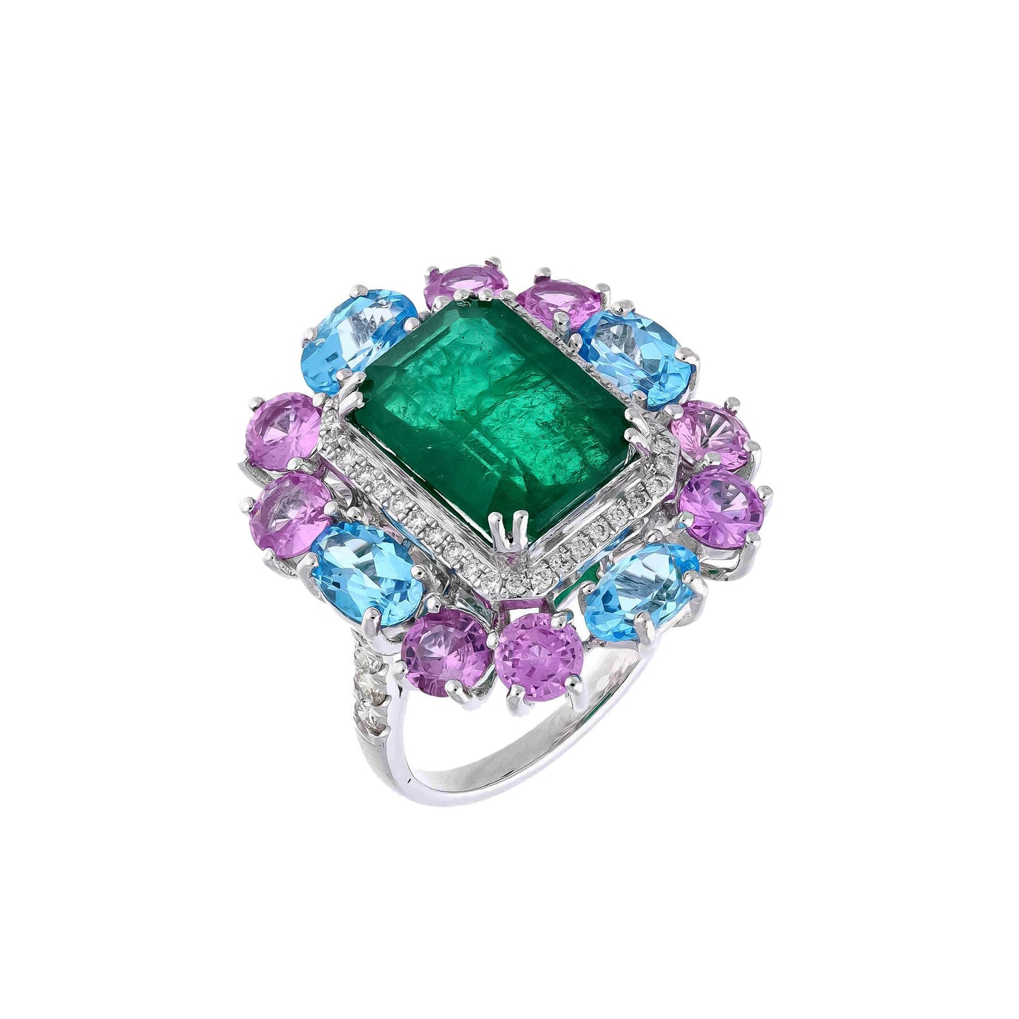 Rare 5 CT's Natural Deep Green Emerald Center with Blue Topaz, Pink Sapphire & Diamond Accents/ 18k White Gold Jewelry/ Wedding Ring For Her
