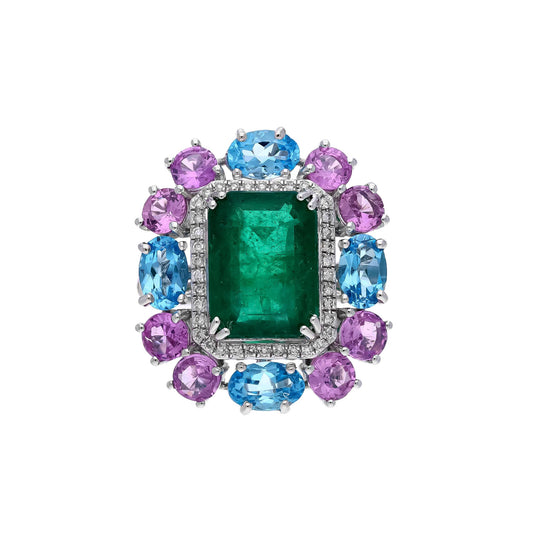 Rare 5 CT's Natural Deep Green Emerald Center with Blue Topaz, Pink Sapphire & Diamond Accents/ 18k White Gold Jewelry/ Wedding Ring For Her