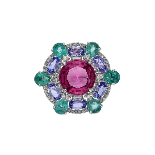 Rare Pink Tourmaline Emerald Tanzanite Diamond Ring, 18k Solid White Gold, Art Deco Gemstone Ring, Designer Wedding Jewelry, Gifts For Her