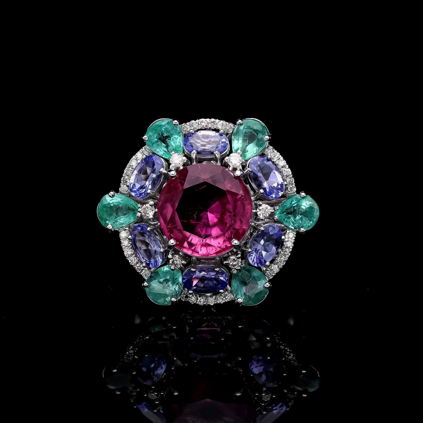 Rare Pink Tourmaline Emerald Tanzanite Diamond Ring, 18k Solid White Gold, Art Deco Gemstone Ring, Designer Wedding Jewelry, Gifts For Her