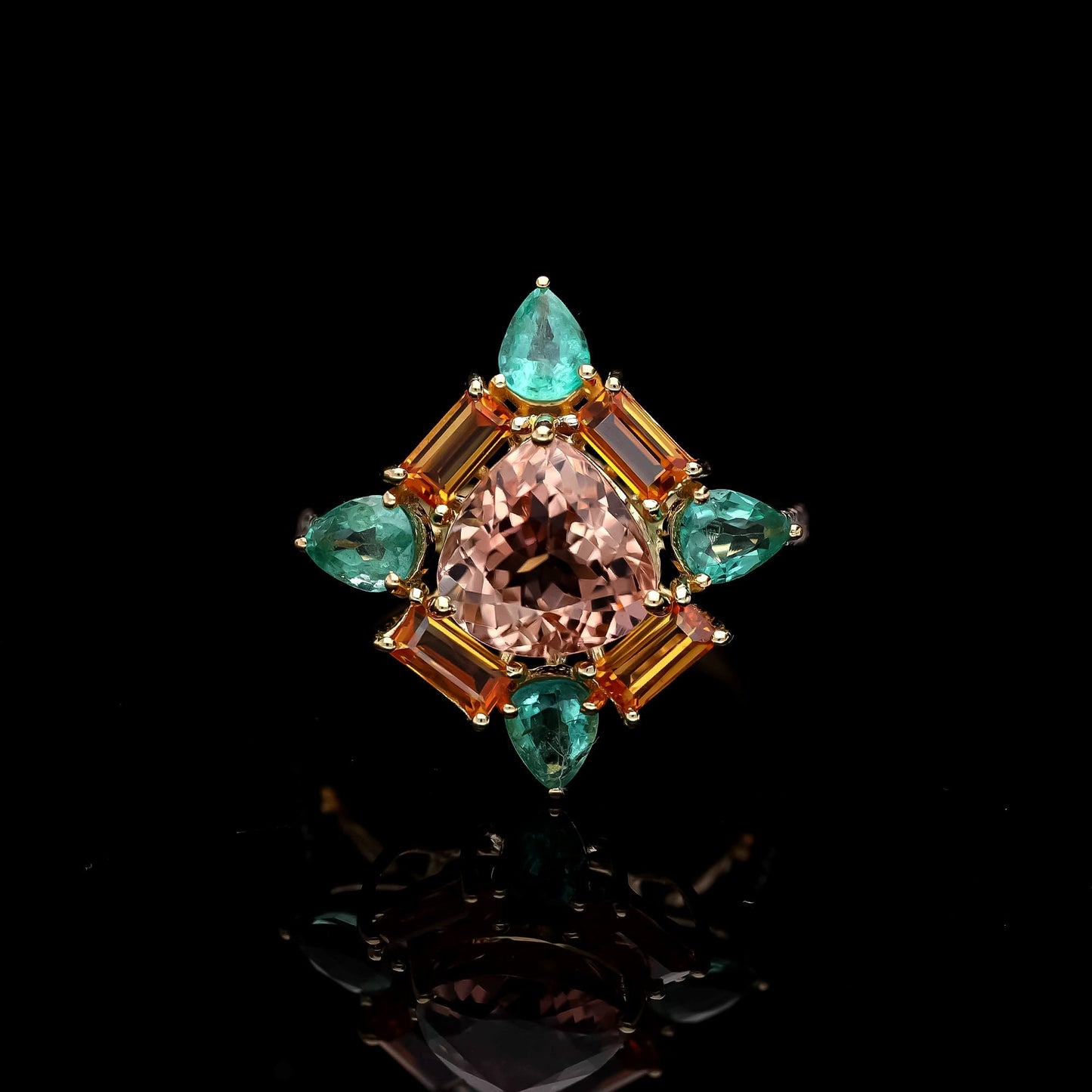 Rare Find Pink Tourmaline Ring, Emerald Sapphire Baguette Diamond Accent on Shank, 18k Solid Gold, Art Deco Jewelry Engagement Ring For Her
