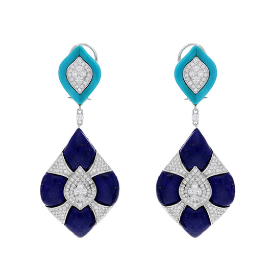 Turquoise Earrings in Lapis Diamond 18k Gold / Natural Gemstone Jewelry / Blue Stone Dangle Earrings / Diamond Fine Jewelry