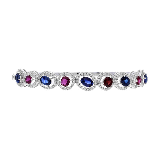 18K White Gold Ruby & Blue Sapphire Diamond Bracelet Prong Set Gemstone Jewelry | 57x47 MM Bangle Size | Blue Pink Gemstone Jewelry Gold