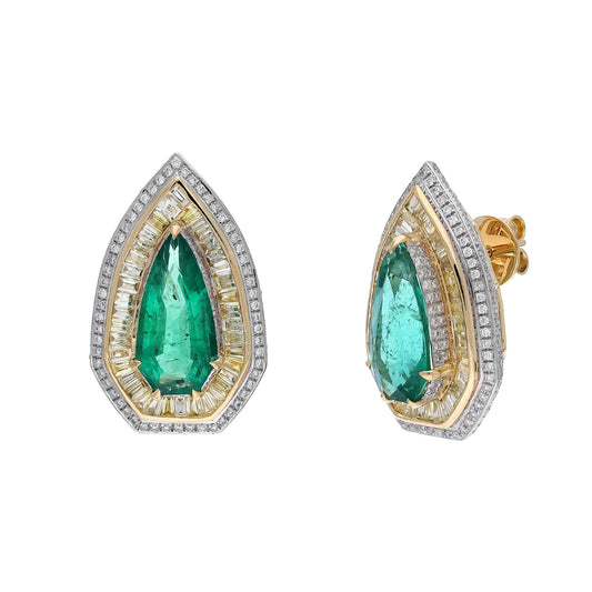 Rare Find Pear Cut Emerald Stud Earrings Yellow Diamond Baguette Border / 18k Solid Gold Jewelry For Her / Gemstone Diamond Earrings 27 MM