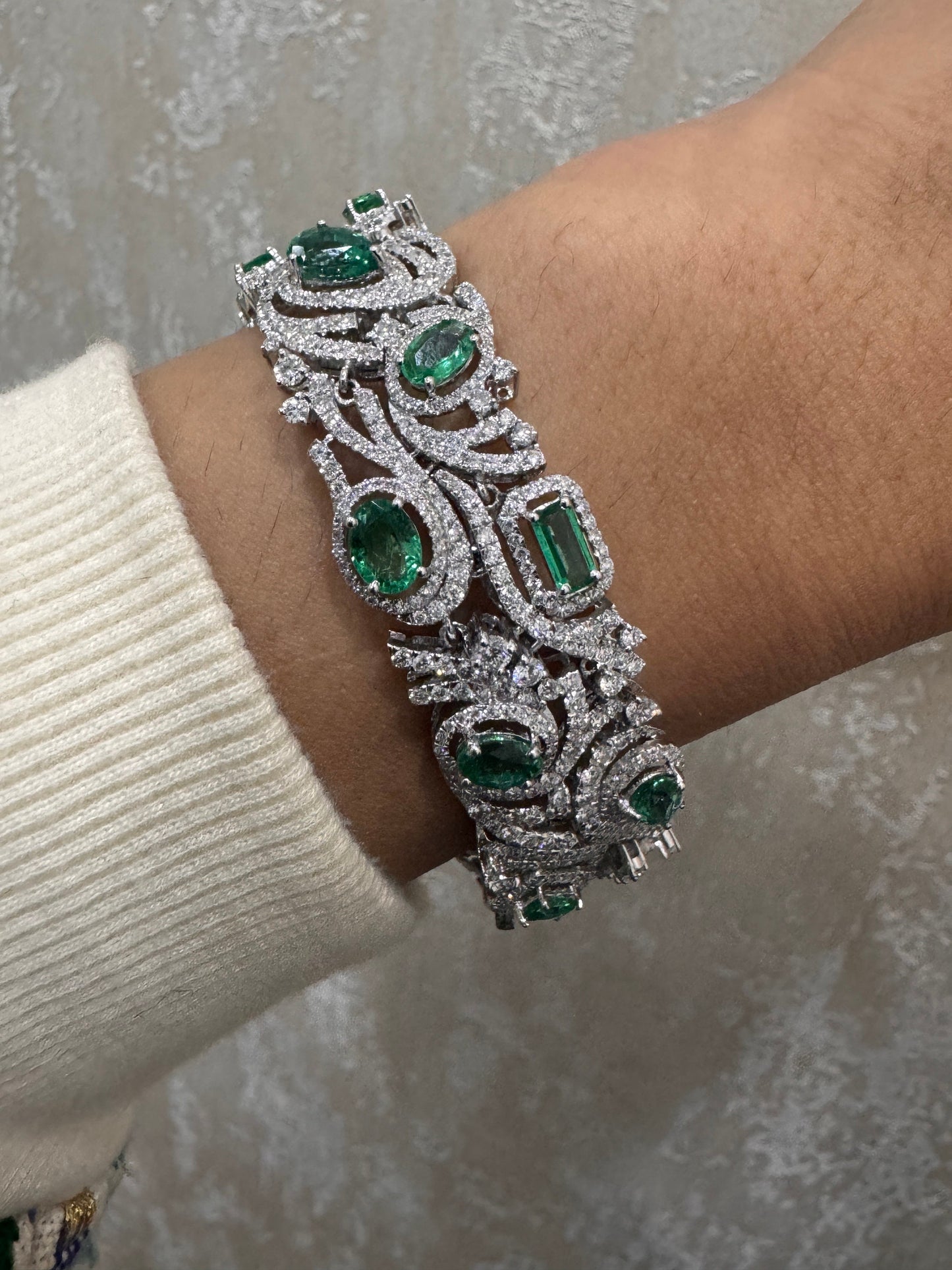 Real Emerald Diamond White Gold Bracelets, Natural Certified Diamond Statement Bracelet For Women, 18k Gold Emerald Bracelet Jewelry Gift