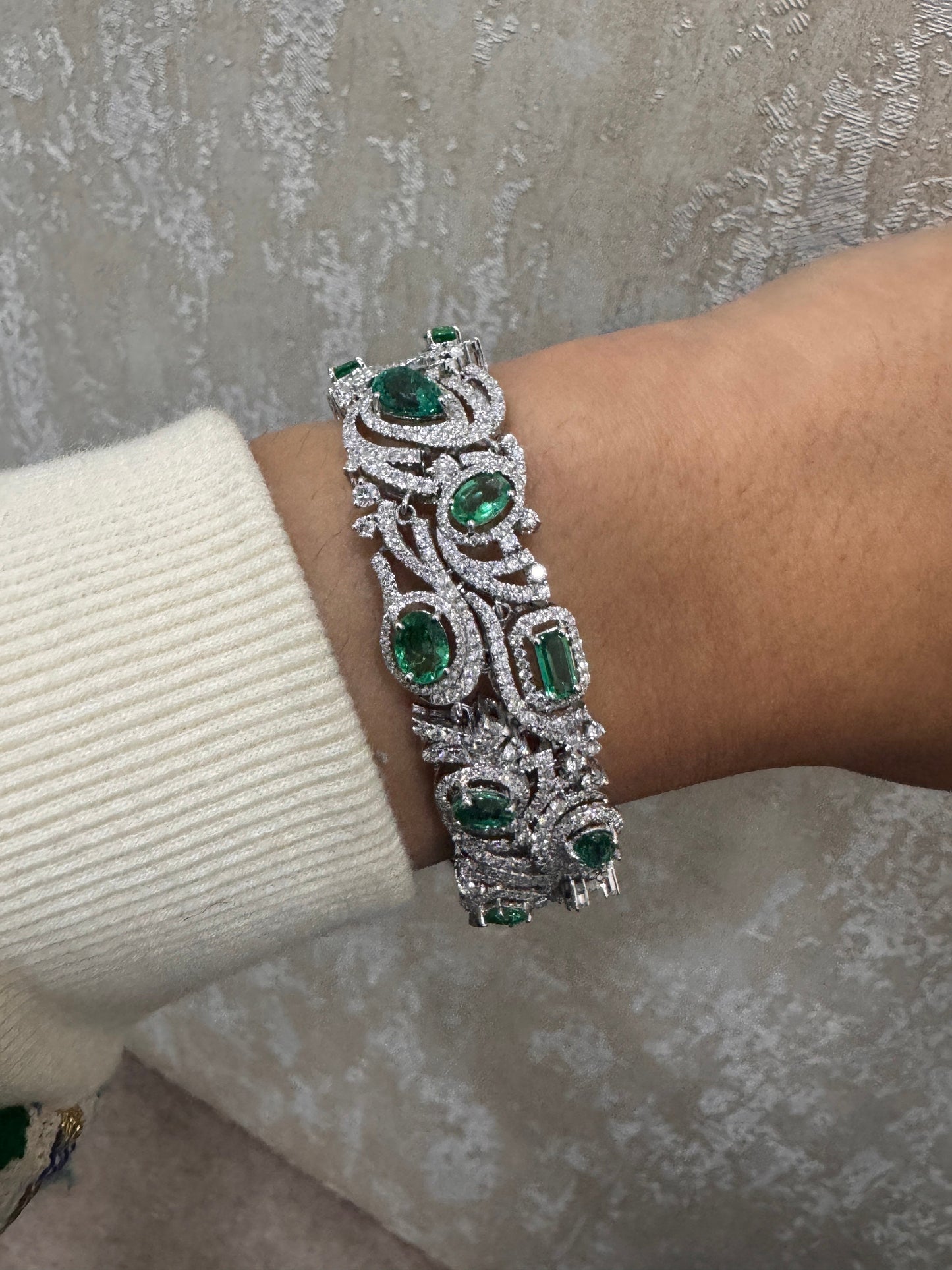 Real Emerald Diamond White Gold Bracelets, Natural Certified Diamond Statement Bracelet For Women, 18k Gold Emerald Bracelet Jewelry Gift