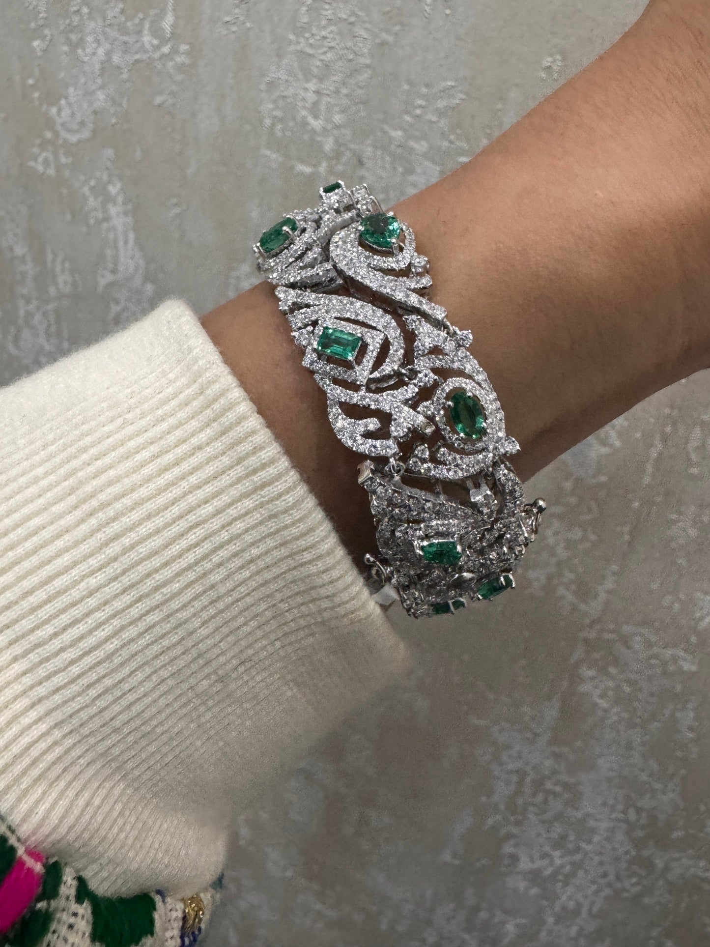 Real Emerald Diamond White Gold Bracelets, Natural Certified Diamond Statement Bracelet For Women, 18k Gold Emerald Bracelet Jewelry Gift