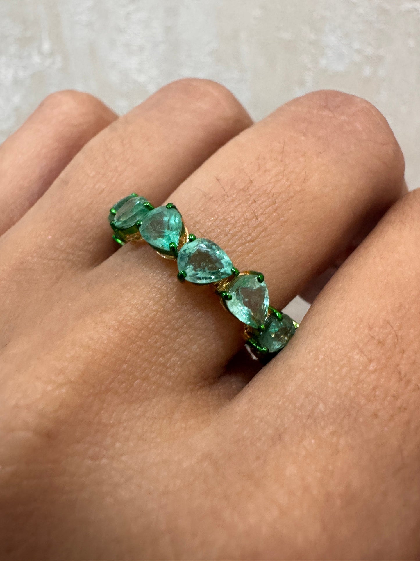18k Gold emerald eternity band ring / Green rhodium band ring / Pear cut emerald infinity ring for girls / Stackable emerald rings for women