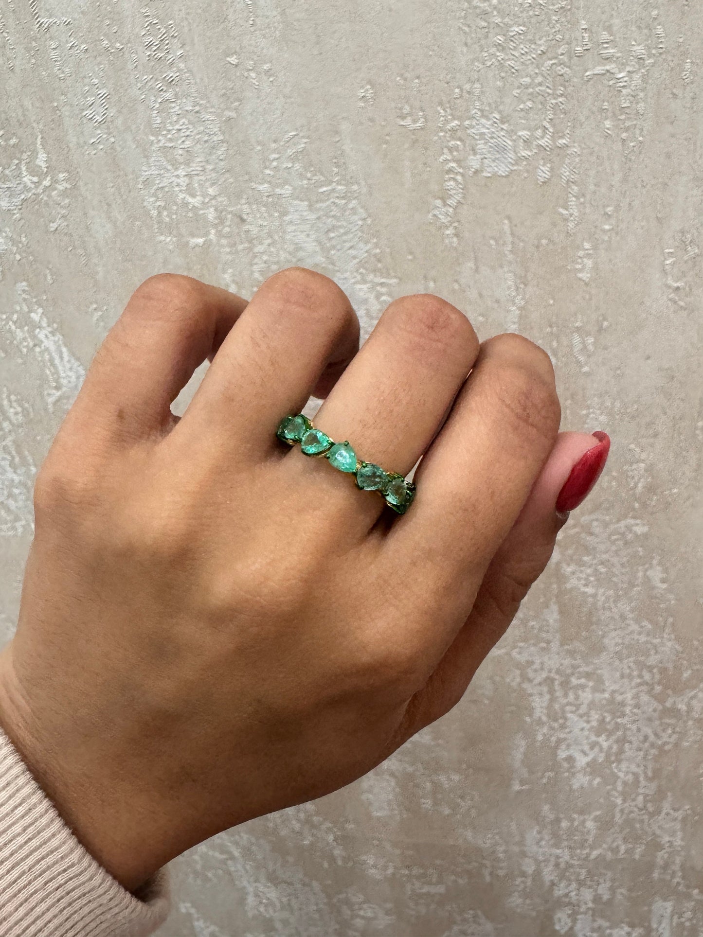 18k Gold emerald eternity band ring / Green rhodium band ring / Pear cut emerald infinity ring for girls / Stackable emerald rings for women