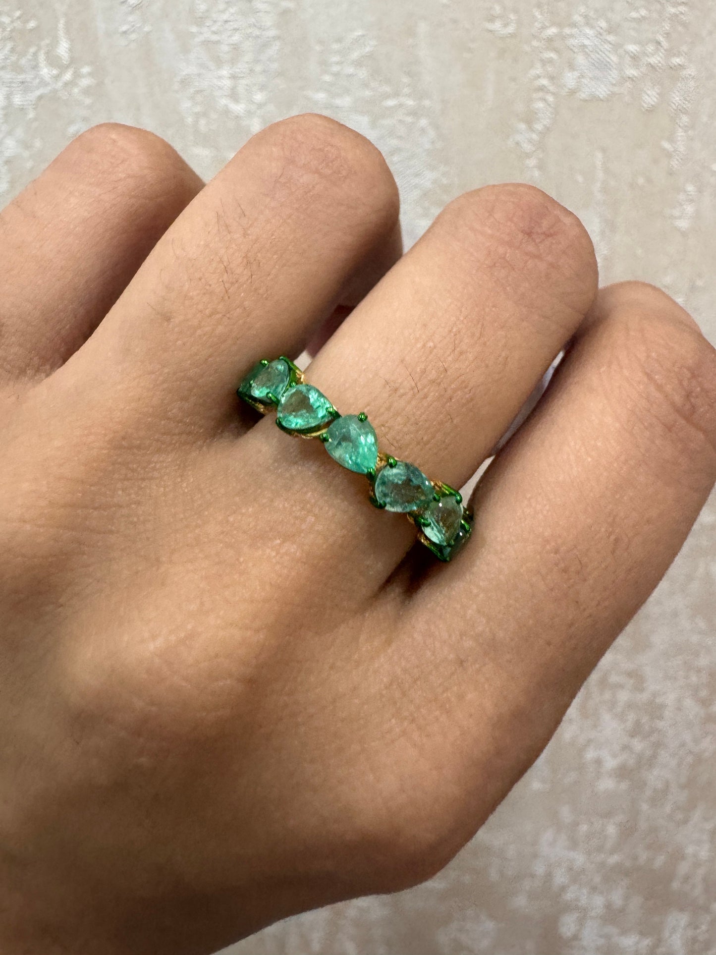 18k Gold emerald eternity band ring / Green rhodium band ring / Pear cut emerald infinity ring for girls / Stackable emerald rings for women