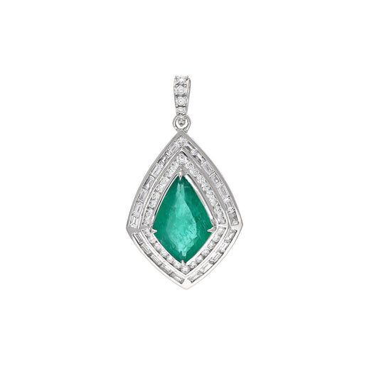Statement Jewelry Emerald Diamond Baguette Pendant 18k White Gold Necklace, 38x20 MM Emerald Pendant Gold, Green Gemstone Jewelry For Gift