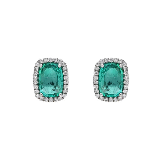 18k White Gold Emerald Cut Emerald Stud Earrings Halo Diamond Accents / Green Gemstone Stud Earrings Natural Emerald Jewelry / Gift Gold