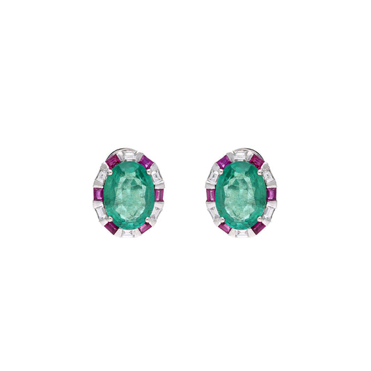 Oval cut emerald ruby stud earrings with diamond accent / Green gemstone jewelry 18k white gold / Earrings for Woman / Zorayajewels