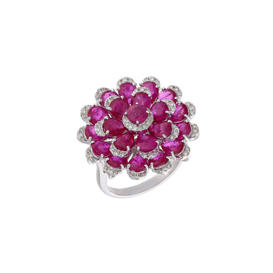 Ruby Flower Ring 18k White Gold Jewelry / Diamond Ring For Woman / Natural Ruby Jewelry For Her / Floral Design Pink Ring For Bride