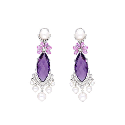 Colorful Gold Earrings 18k gold Jewelry / Amethyst Sapphire Pearl 48.22 Cts Gemstone Earrings / Purple Earrings / Bridesmaid Jewelry 62 MM