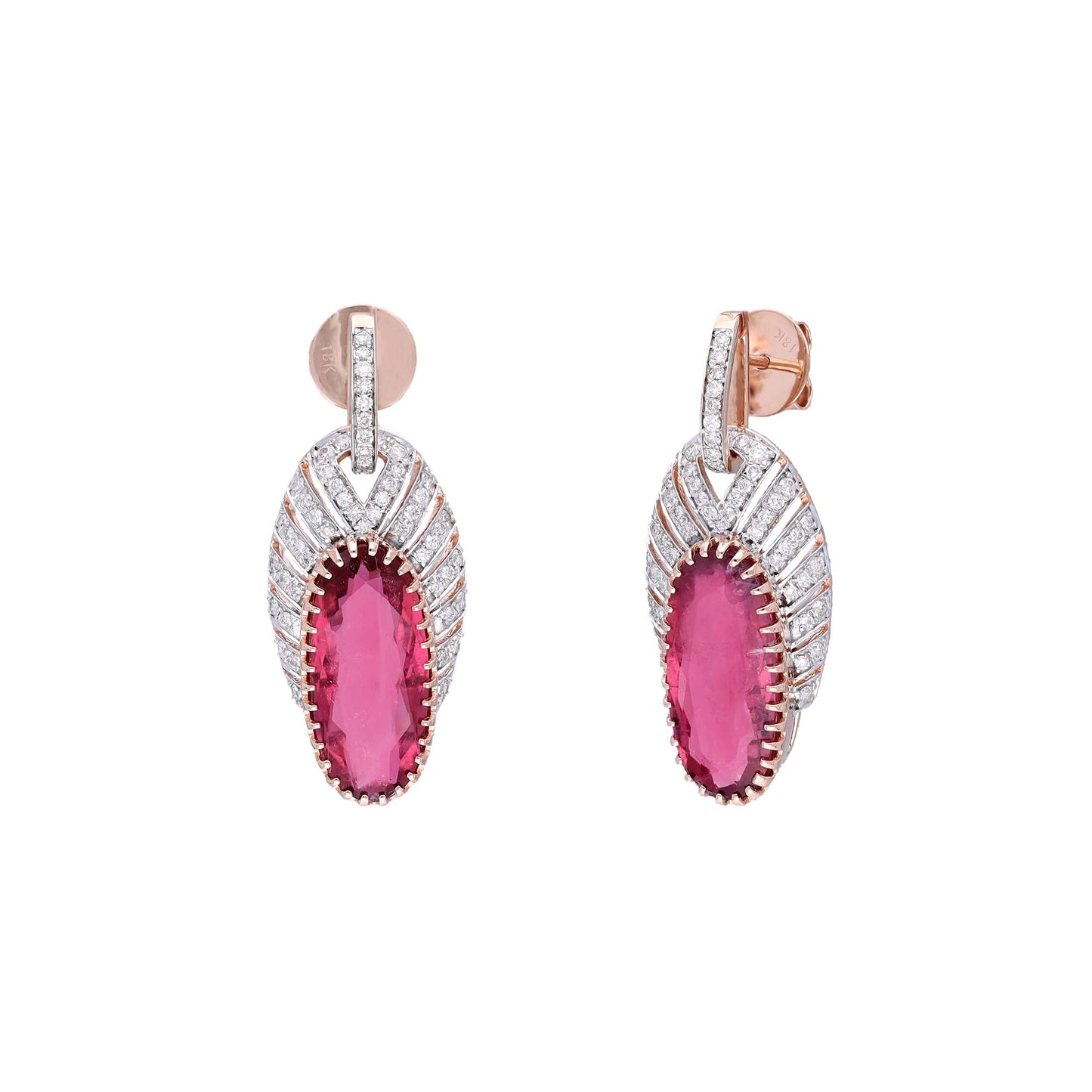 Oval Cut Faceted Tourmaline Gemstone Earrings 18k Solid Rose Gold Jewelry / Pink Gemstone Earrings Real Diamond Jewelry / 32 MM