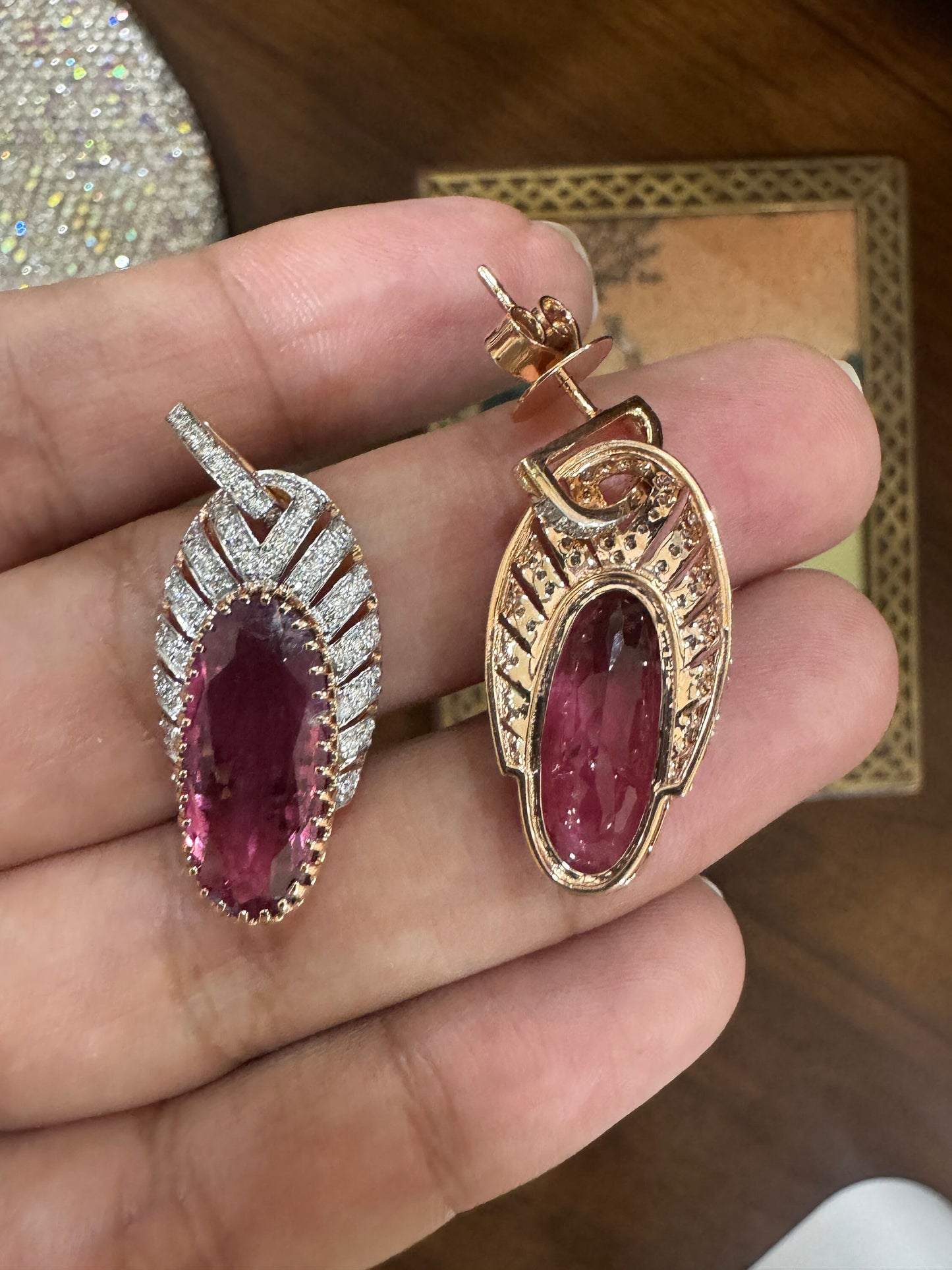 Oval Cut Faceted Tourmaline Gemstone Earrings 18k Solid Rose Gold Jewelry / Pink Gemstone Earrings Real Diamond Jewelry / 32 MM
