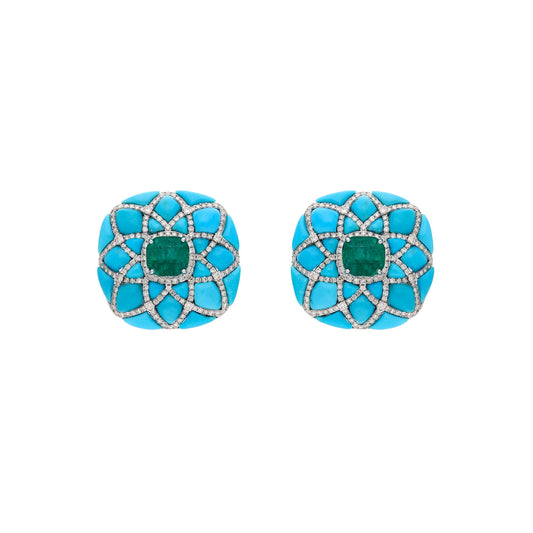 Classic Emerald Turquoise Earrings 18k White Gold / Art Deco Gemstone Diamond Square Stud Earrings / Turquoise Gemstone Gold Jewelry