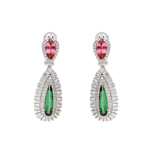 Tourmaline Diamond Statement Earrings 18k Gold Jewelry / Pink Green Gemstone Earrings Bride / Wedding Anniversary Gift Solid Gold Jewelry