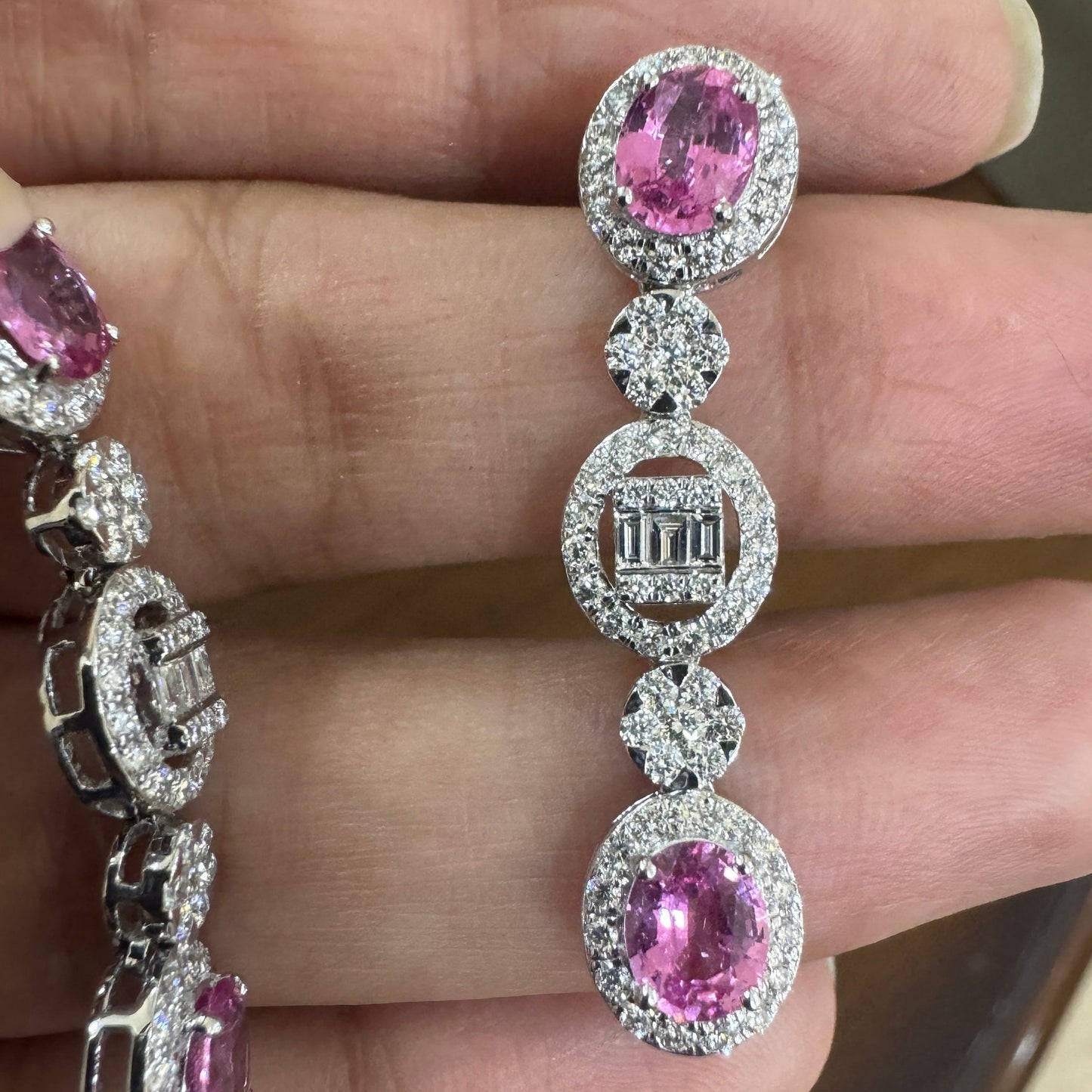 Pink sapphire diamond fine jewelry 18k gold / Diamond long bridal earrings gold / Sapphire pink gemstone earrings for woman / Pink Sapphire