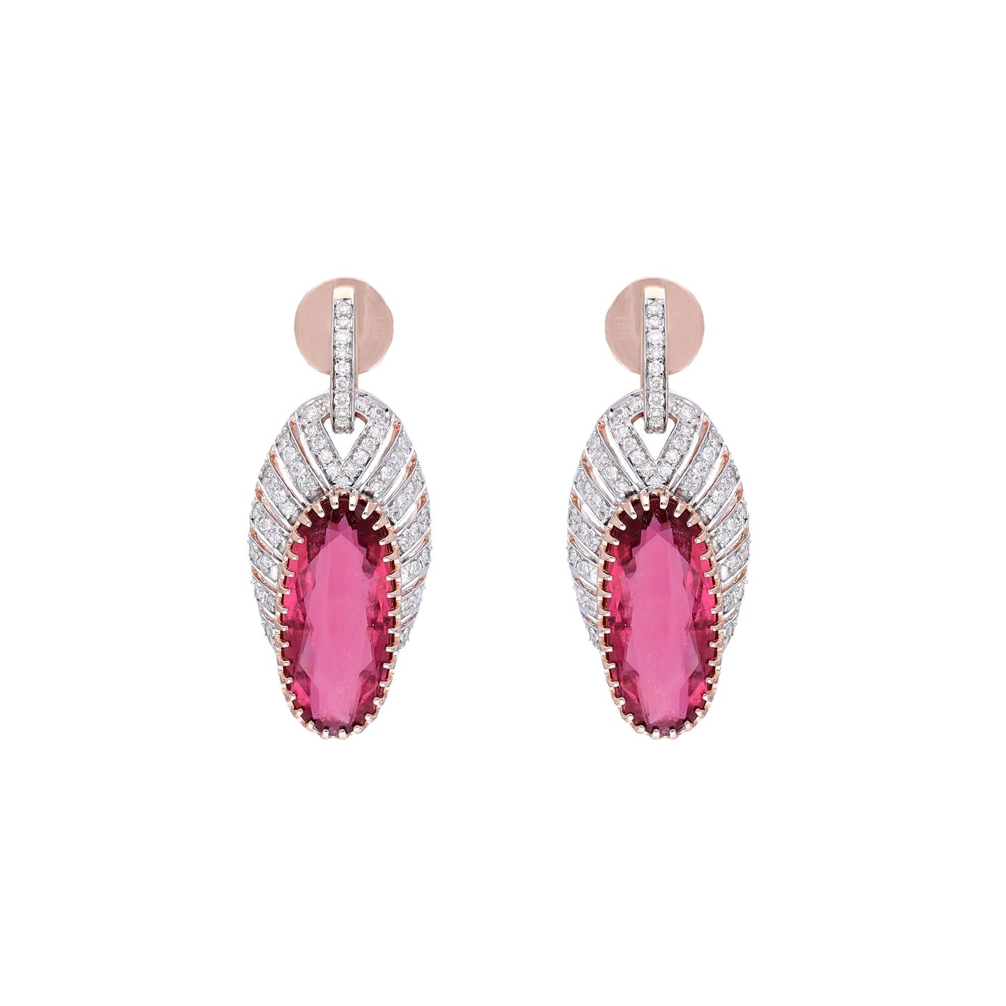Oval Cut Faceted Tourmaline Gemstone Earrings 18k Solid Rose Gold Jewelry / Pink Gemstone Earrings Real Diamond Jewelry / 32 MM