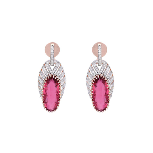 Oval Cut Faceted Tourmaline Gemstone Earrings 18k Solid Rose Gold Jewelry / Pink Gemstone Earrings Real Diamond Jewelry / 32 MM