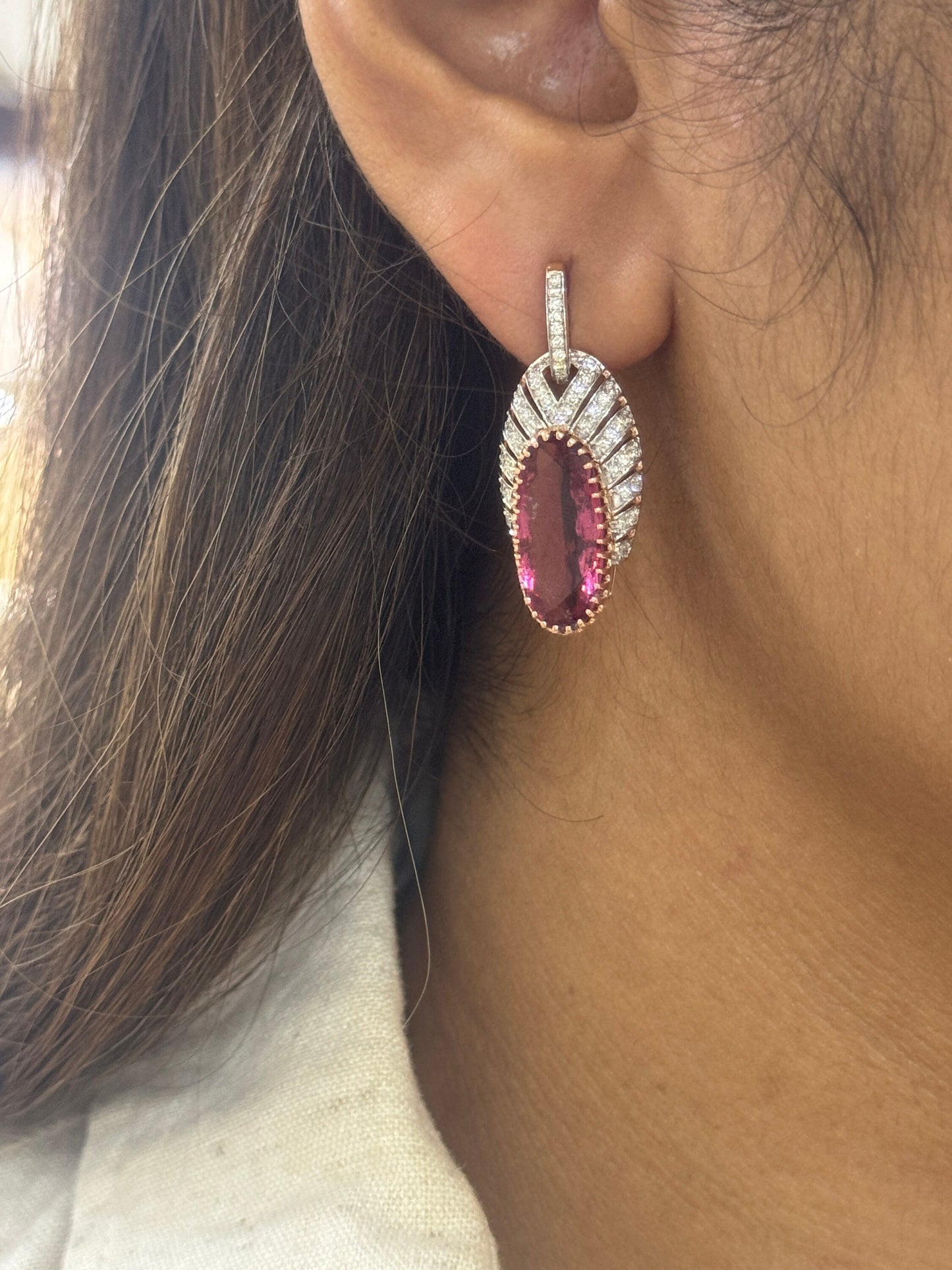 Oval Cut Faceted Tourmaline Gemstone Earrings 18k Solid Rose Gold Jewelry / Pink Gemstone Earrings Real Diamond Jewelry / 32 MM