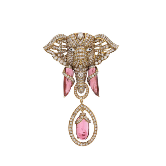 Elephant Brooch Pendant 18k Gold Jewellery / Tourmaline Gemstone Brooches For Men / Diamond Animal Jewelry / Gift For Father