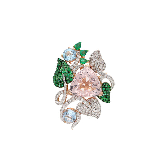 Morganite Brooch 18k Gold Pendant / Natural Gemstone Diamond Jewellery / Emerald Brooch For Him / Floral Brooches For Men