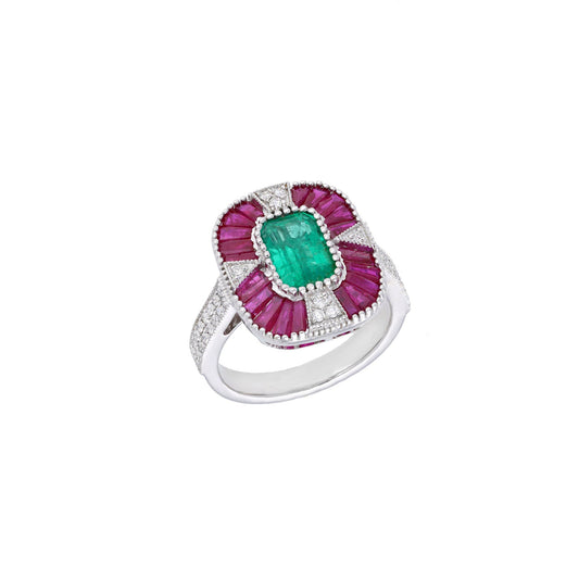 Ruby Art Deco 18k White Gold Ring / Natural Emerald Gemstone Jewelry / Ruby Designer Gold Ring / Vintage Ruby Ring US 7 / Gold Jewelry Gift