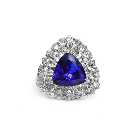 Tanzanite pear rose cut diamond ring gold | Natural tanzanite trillion cut diamond gold rings For | 18K solid gold tanzanite statement ring