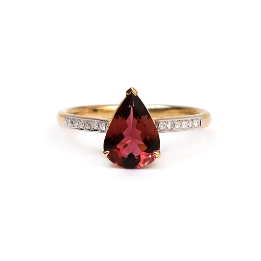 Tourmaline pear cut diamond solitaire ring gold | Natural tourmaline pear diamond prong set ring gold | Big pear tourmaline diamond ring