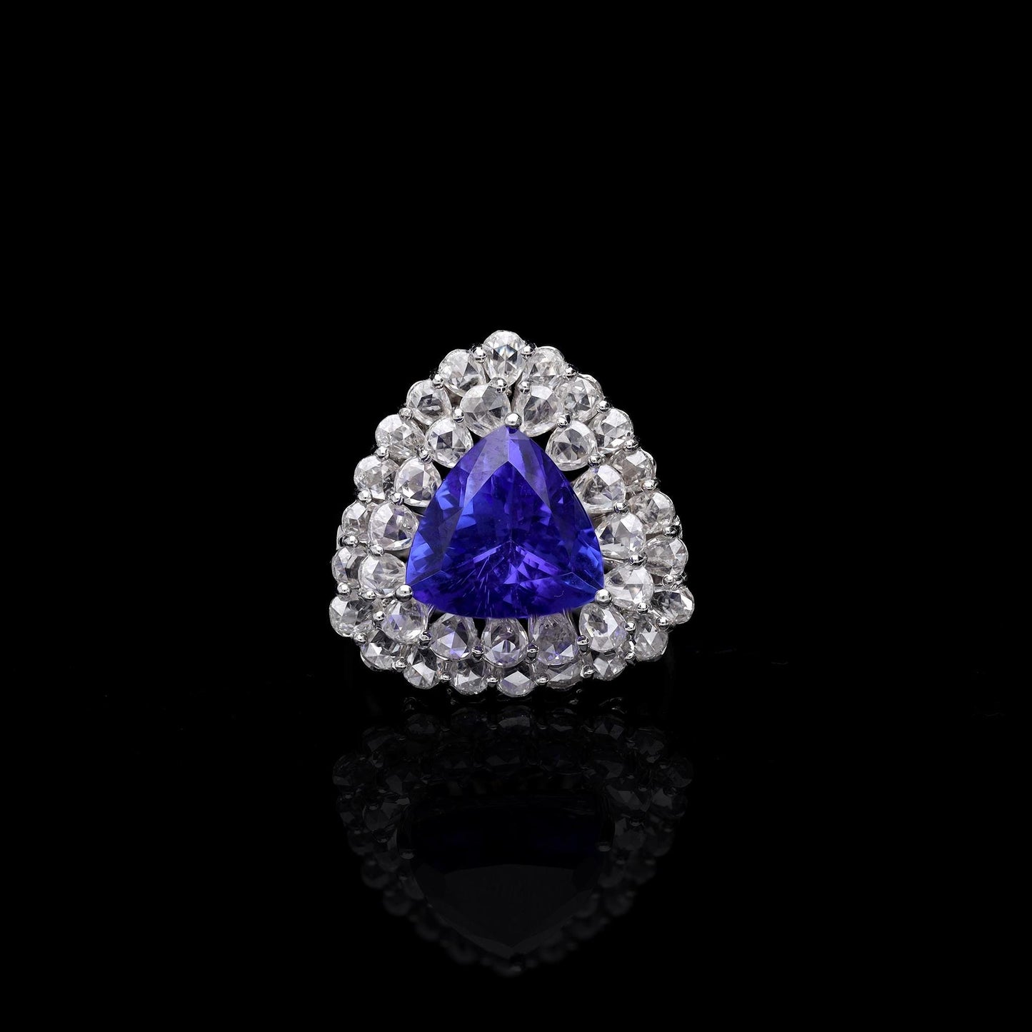 Rose cut diamond trillion cut tanzanite ring gold | Tanzanite white gold ring | Big blue stone ring gold | Rose cut diamond art deco ring
