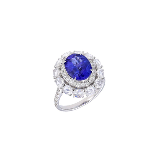 Tanzanite rose cut diamond ring gold | Rose cut diamond prong set ring | AAA+ tanzanite white gold ring | Oval cut big tanzanite ring