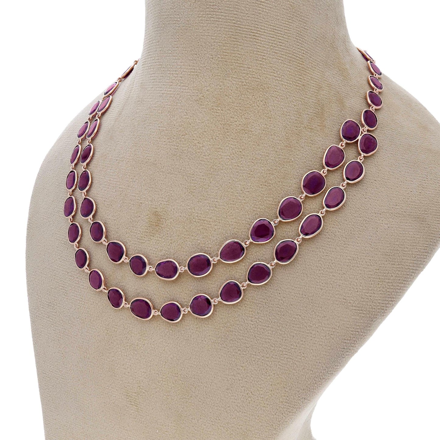 Rhodolite bezel set chain necklace 14k rose gold jewelry | 16 Inch long 2 layer chain necklace gold | Flat cut rhodolite rose pink chain