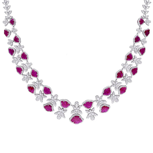 Mozambique natural no heat ruby tulip diamond necklace | Red ruby diamond bridal necklace gold | Pear diamond ruby tulip gold necklace