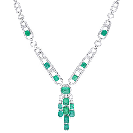 Exclusive emerald diamond big bridal necklace gold | 18k White gold diamond emerald long necklace | Natural green emerald wedding jewelry