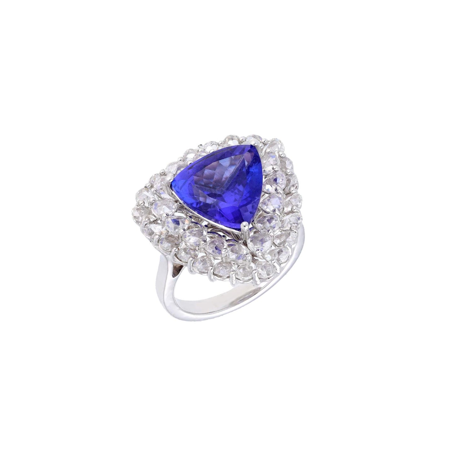 Rose cut diamond trillion cut tanzanite ring gold | Tanzanite white gold ring | Big blue stone ring gold | Rose cut diamond art deco ring