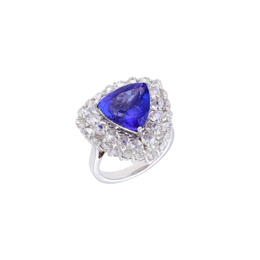 Rose cut diamond trillion cut tanzanite ring gold | Tanzanite white gold ring | Big blue stone ring gold | Rose cut diamond art deco ring