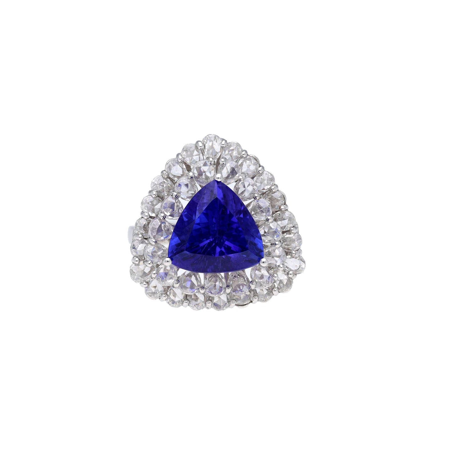 Rose cut diamond trillion cut tanzanite ring gold | Tanzanite white gold ring | Big blue stone ring gold | Rose cut diamond art deco ring