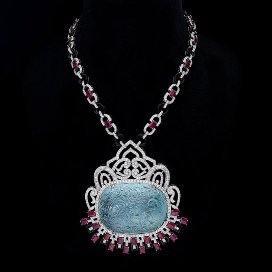 343 Cts Aquamarine carving oval diamond ruby pendant necklace | 18k White gold ruby black only chain jewelry | Long art deco necklace
