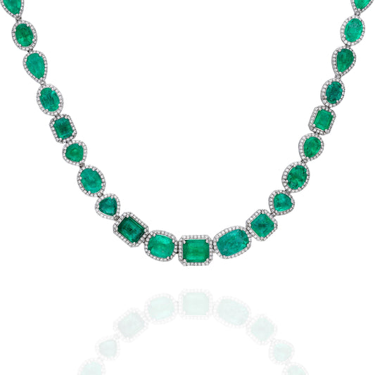 27.20 Cts emerald diamond stacking necklace gold | Emerald cut emerald white gold diamond necklace | Emerald diamond jewelry