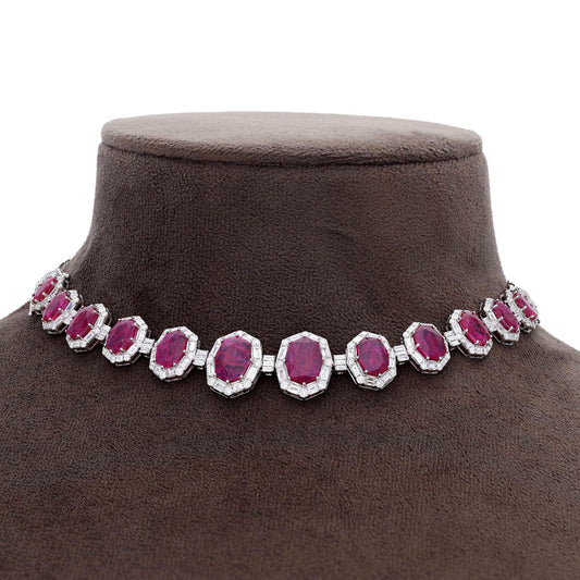 Fancy octagon ruby diamond choker necklace gold | Natural ruby half choker chain necklace 18k white gold | 16 Inch prong set ruby necklace