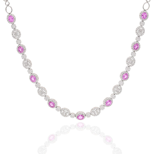 6X5 MM Oval cut pink sapphire diamond white gold necklace | Pink sapphire diamond choker necklace 16 Inch | Diamond baguette gold necklace